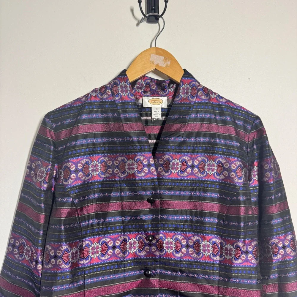 Talbots Silk Metallic Paisley Stripe Mandarin Collar Jacket Blue Purple Women 12